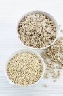 Quinoa seeds and pearl barley in bowls. — Stock Photo