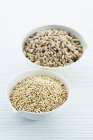 Quinoa e cevada pérola em tigelas na mesa — Fotografia de Stock