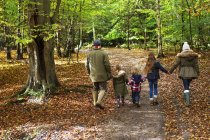 Caminhada em família na floresta outonal — Fotografia de Stock