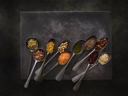 Various pulses in metal spoons on black background. — Stock Photo