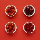 Prodotti rossi in piatti su sfondo rosso . — Foto stock