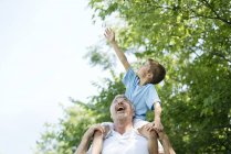 Grand-père portant petit-fils sur les épaules et garçon atteignant les feuilles . — Photo de stock