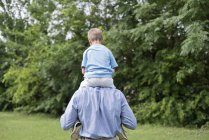 Father carrying son on shoulders, rear view. — Stock Photo