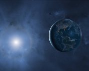 Illustration von Erde und Mond, die einen großen Anteil des Planeten in der Dunkelheit zeigen. — Stockfoto