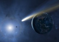Illustration von Erde, Mond und Sonne mit vorbeiziehendem Kometen. — Stockfoto