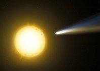 Digitale Illustration des sonnenbeschienenen Kometen nahe der Sonnenoberfläche. — Stockfoto