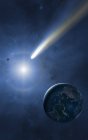 Digitale Illustration von Erde, Mond und Sonne mit vorbeiziehendem Kometen. — Stockfoto