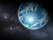 Illustration des extrasolaren Planeten mit Mond, der einen fiktiven Stern umkreist. — Stockfoto