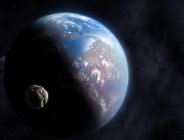Ilustración del planeta extrasolar con la luna orbitando estrella ficticia . - foto de stock