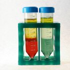 Soluciones coloreadas separadas en líquidos constituyentes en tubos de ensayo . - foto de stock