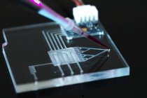 Primer plano del dispositivo de circuito integrado de laboratorio en un chip sobre fondo negro . - foto de stock
