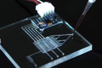 Крупним планом інтегрований пристрій схеми Lab-on-a-chip на чорному тлі . — стокове фото