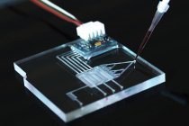 Primer plano del dispositivo de circuito integrado de laboratorio en un chip sobre fondo negro . - foto de stock