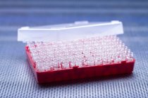 Empty and sterile phials in red plastic box. — Stock Photo