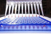 Multichannel pipette and blue well plate in laboratory. — Stock Photo