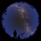 Illustration of 360-degree view of pair of astronomers observing night sky. — Stock Photo