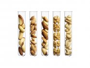 Various nuts in test tubes, studio shot. — Stock Photo