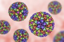 Ilustración digital de partículas centrales del virus de la lengua azul con proteínas representadas por manchas de colores
. - foto de stock