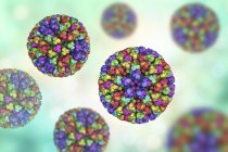Digitale Illustration der Kernpartikel des Blauzungenvirus mit Proteinen, die durch farbige Kleckse repräsentiert werden. — Stockfoto