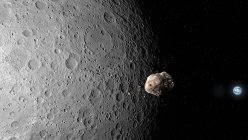 Illustration of asteroid passing Moon towards Earth. — Stock Photo