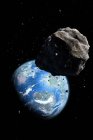 Digital illustration of asteroid approaching Cretaceous Earth before dinosaurs extermination. — Stock Photo