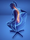 Сидячи в кріслі жіночий силует з болем у спині, цифрова ілюстрація . — стокове фото