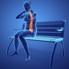 Sentado en el banco silueta femenina con dolor de espalda, ilustración digital . - foto de stock