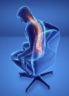 Sitzen im Stuhl männliche Silhouette mit Rückenschmerzen, digitale Illustration. — Stockfoto