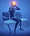 Sentado en el banco silueta masculina con dolor de cabeza, ilustración digital . - foto de stock