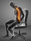 Sentado en silla silueta masculina con dolor de espalda, ilustración digital . - foto de stock