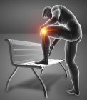 Doblado en el banco silueta masculina con dolor de rodilla, ilustración digital . - foto de stock