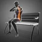 Sentado en el banco silueta masculina con dolor de espalda, ilustración digital . - foto de stock