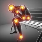 Sitting on bench male silhouette with joint pain, digital illustration. — Stock Photo