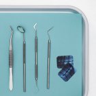 Dental equipment in tray, top view. — Stock Photo