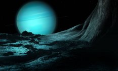 Illustration of green ice giant planet Uranus seen from surface of innermost substantial moon fractured Miranda. — Stock Photo