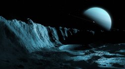 Ilustración del planeta gigante de hielo verde Urano visto desde la superficie de la luna substancial más interna Ariel . - foto de stock