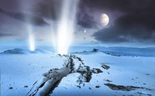 Illustration of landscape of icy extrasolar planet with cryonic geysers and two moons. — Stock Photo