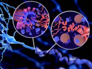 Pathological phosphorylation of red-orange Tau proteins by blue-purple kinases affecting nerve cells in Alzheimers disease, illustration. — Stock Photo