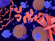 Pathologische Phosphorylierung von rot-orangen Tau-Proteinen durch blau-violette Kinasen, die Nervenzellen bei der Alzheimer-Krankheit betreffen, Illustration. — Stockfoto