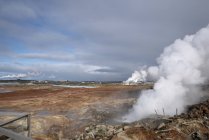 Geothermale heiße Quelle dampft trockenen Boden bei hveragerdi, Island. — Stockfoto