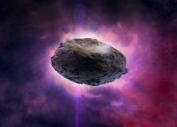 Pedra de asteróide contra fundo do espaço roxo, ilustração . — Fotografia de Stock