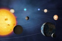 Ilustración del sistema solar que muestra la trayectoria de los planetas en órbita alrededor del Sol
. - foto de stock