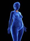Illustration de la silhouette bleue d'une femme obèse avec des glandes thyroïdes surlignées sur fond noir . — Photo de stock