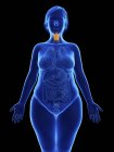 Frontal illustration of blue silhouette of obese woman with highlighted larynx on black background. — Stock Photo