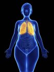Ilustración frontal de silueta azul de mujer obesa con pulmones resaltados sobre fondo negro
. - foto de stock