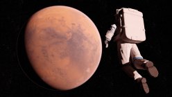 Ilustración del astronauta en traje espacial volando frente a la superficie de Marte . - foto de stock
