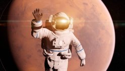 Illustration eines Astronauten mit Lichtreflexion, der vor der Marsoberfläche fliegt. — Stockfoto
