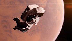 Illustration of astronaut in space suit flying in front of Mars surface. — Stock Photo