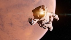 Illustration of astronaut with light reflection flying in front of Mars surface. — Stock Photo