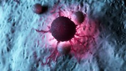 Digitale Kunstwerke weißer Blutkörperchen greifen beleuchtete Krebszelle an. — Stockfoto